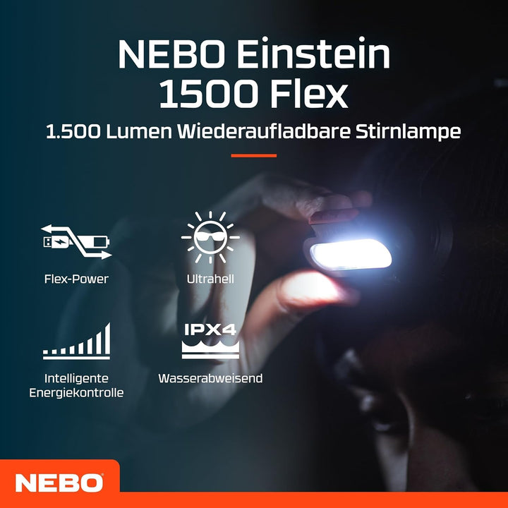 NEBO Einstein 1500 Flex - Kopflampe - Wiederaufladbare Stirnlampe mit 5 Lichtmodi - Wanderausrüstung
