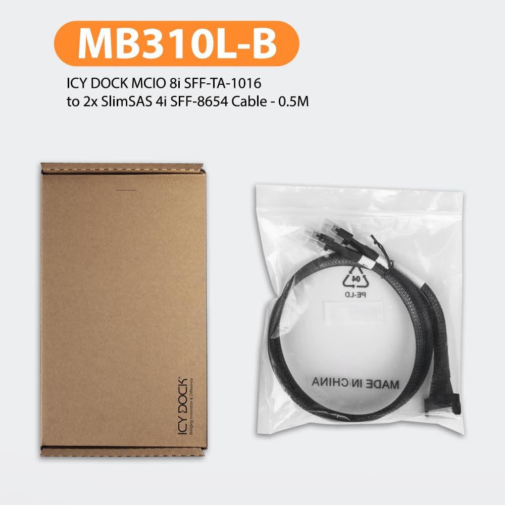 ICY DOCK MB310L-B Datenkabel - 1x MCIO SFF-TA-1016 8i zu 2x SlimSAS SFF-8654 4i Länge 50cm PCIe 4.0