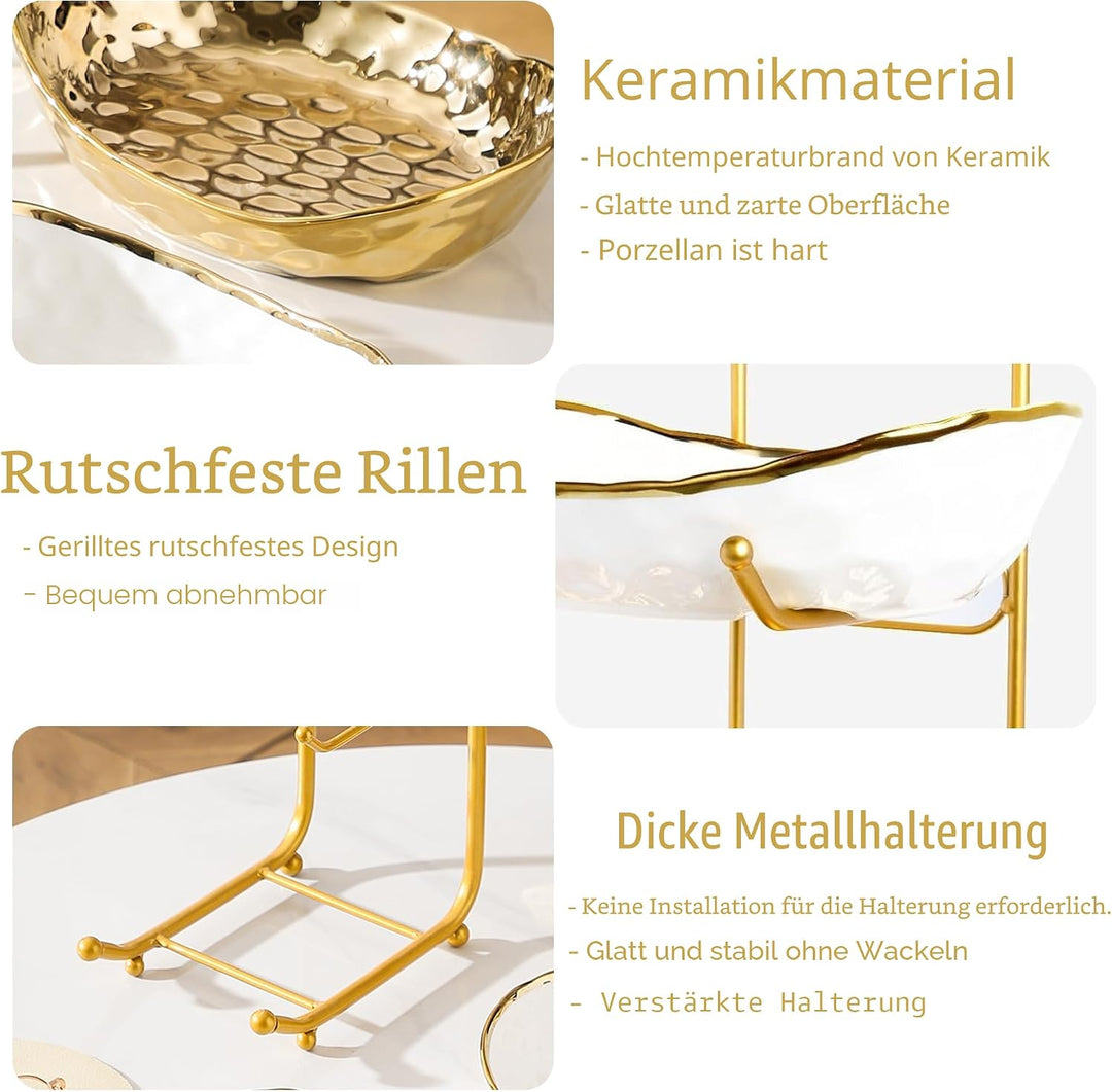 Simcat dreistöckiger Obstkorb, Keramikschale und Metallgestell | Für Küche, Wohnzimmer Arbeitsplatte