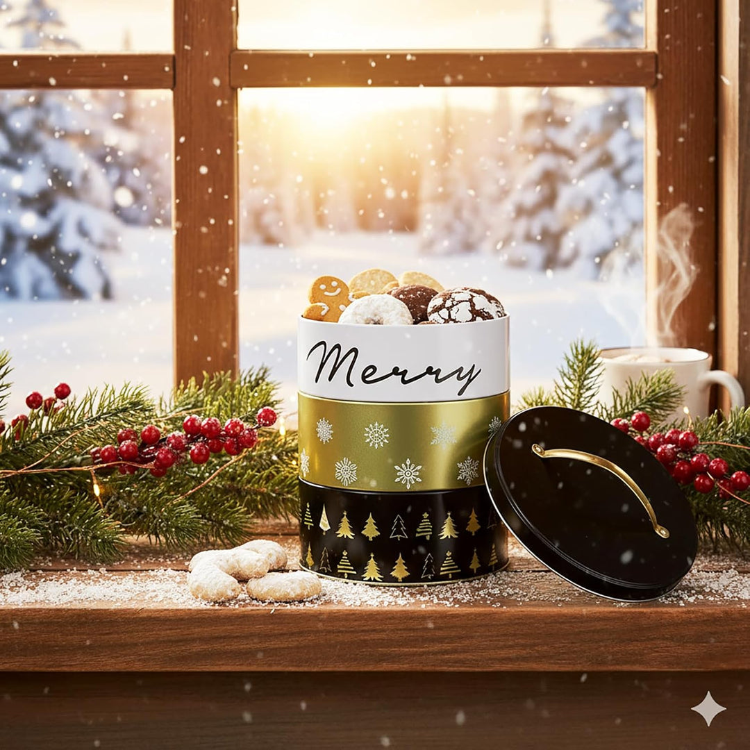 KAMACA 3-stöckige Weihnachts- Keksdose mit Tragegriff jede Ebene separat befüllbar mit Deckel transp