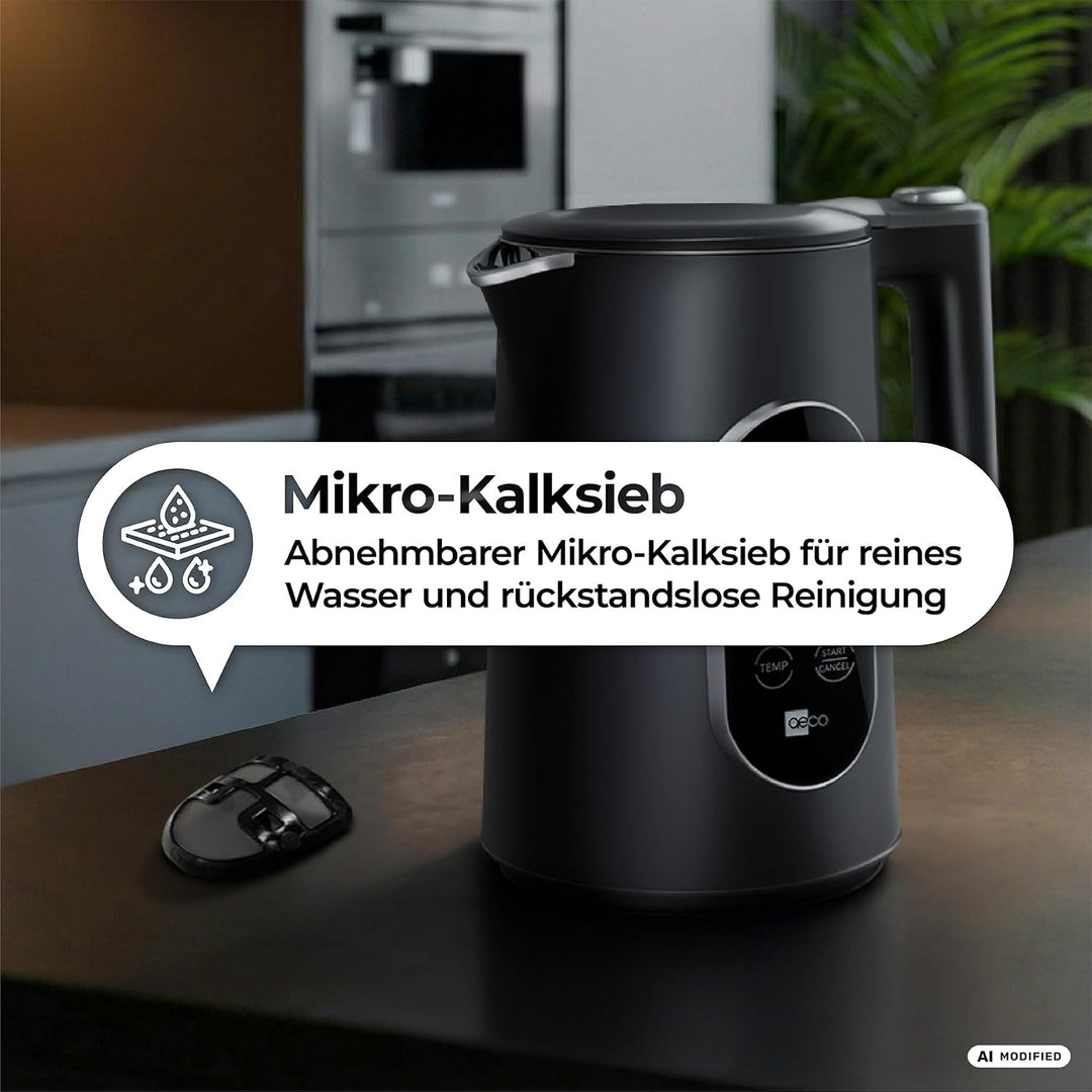 aeco AQA ELITE elektrischer Wasserkocher Edelstahl schwarz-matt mit Temperatureinstellung Tee-Kocher