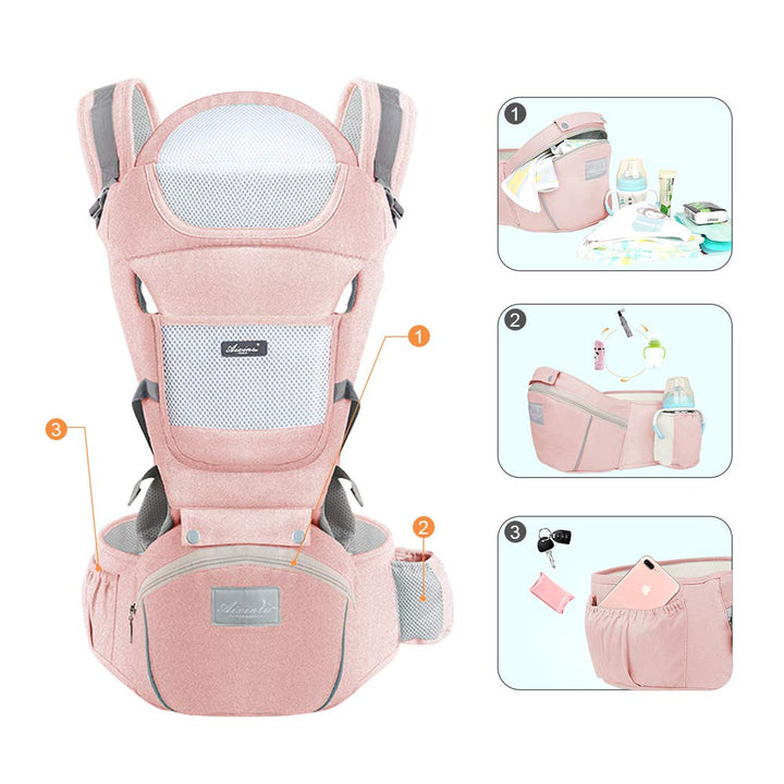 Babytrage mit Hocker, mehrere Positionen, Rucksack für Neugeborene, atmungsaktiv und bequem Rosa, Ro