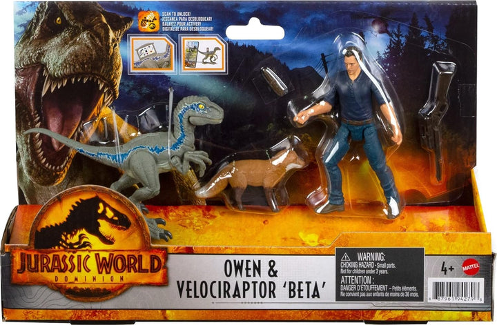 Jurassic World Dominion Human & Dino Pack Owen & Velociraptor Beta & Zubehör, authentische Actionfig