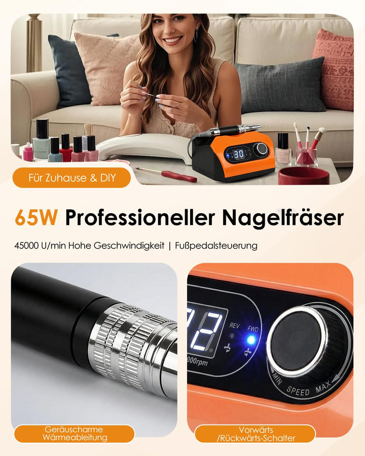 CozyZen Elektrische Nagelfeile, Profi Nagelfräse 35.000 U/min mit LED | Mit Fusspedal, 6 Aufsätzen u