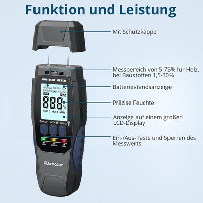 ALLmeter Digital Holzfeuchtemessgerät mit Stiftfunktion und Hintergrundbeleuchtung, Feuchtigkeitsdet