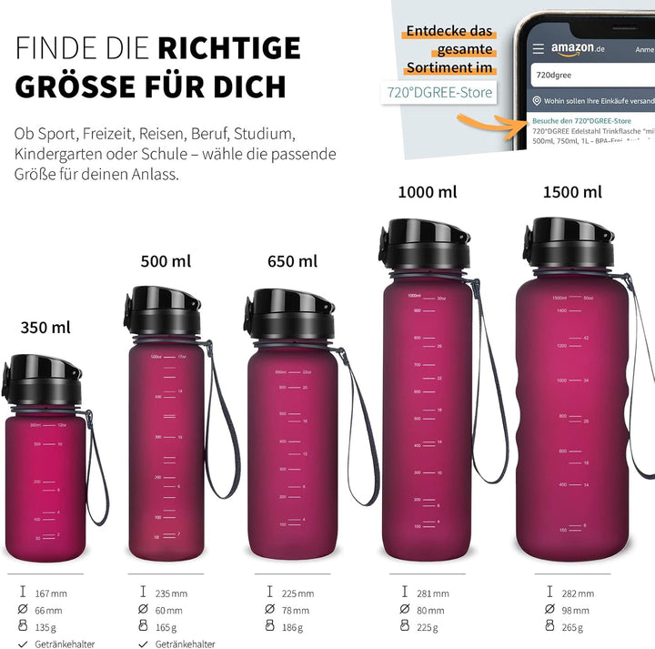 720°DGREE Trinkflasche 1l “uberBottle“ softTouch +Früchtebehälter - BPA-Frei - Schlanke Wasserflasch