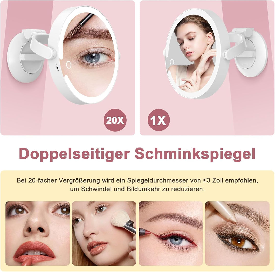 SURFOU Vergrösserungsspiegel mit Saugnapf 20 Fache, mit Beleuchtungm 3 Farbmodi & Dimmbar, 8 Zoll Sp