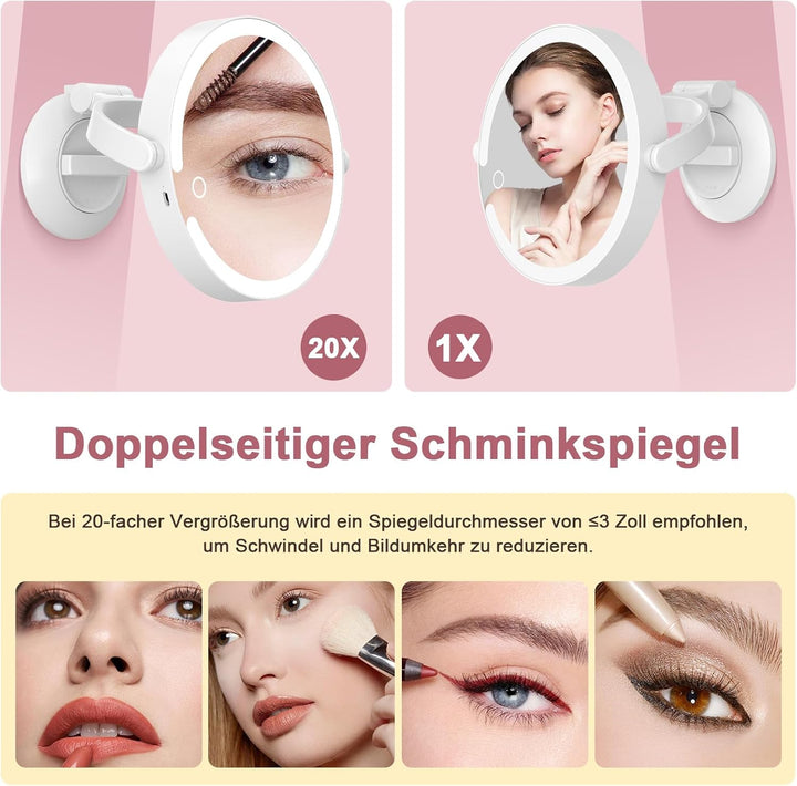 SURFOU Vergrösserungsspiegel mit Saugnapf 20 Fache, mit Beleuchtungm 3 Farbmodi & Dimmbar, 8 Zoll Sp