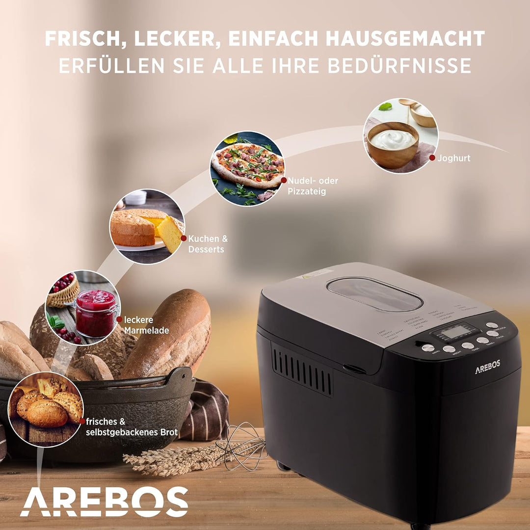 Arebos Brotbackautomat 1500g | mit 15 Programmen | 2 Knethaken | Timer | LCD Display | 3 Bräunungsgr