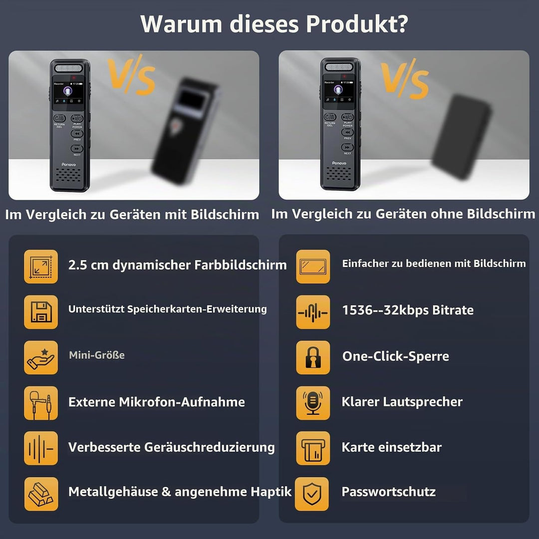 16GB Diktiergerät Digitale mit Spracherkennung, Ponovo Aufnahmegerät 100 Std Kontinuierliche Aufnahm