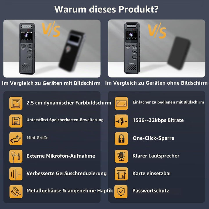 16GB Diktiergerät Digitale mit Spracherkennung, Ponovo Aufnahmegerät 100 Std Kontinuierliche Aufnahm