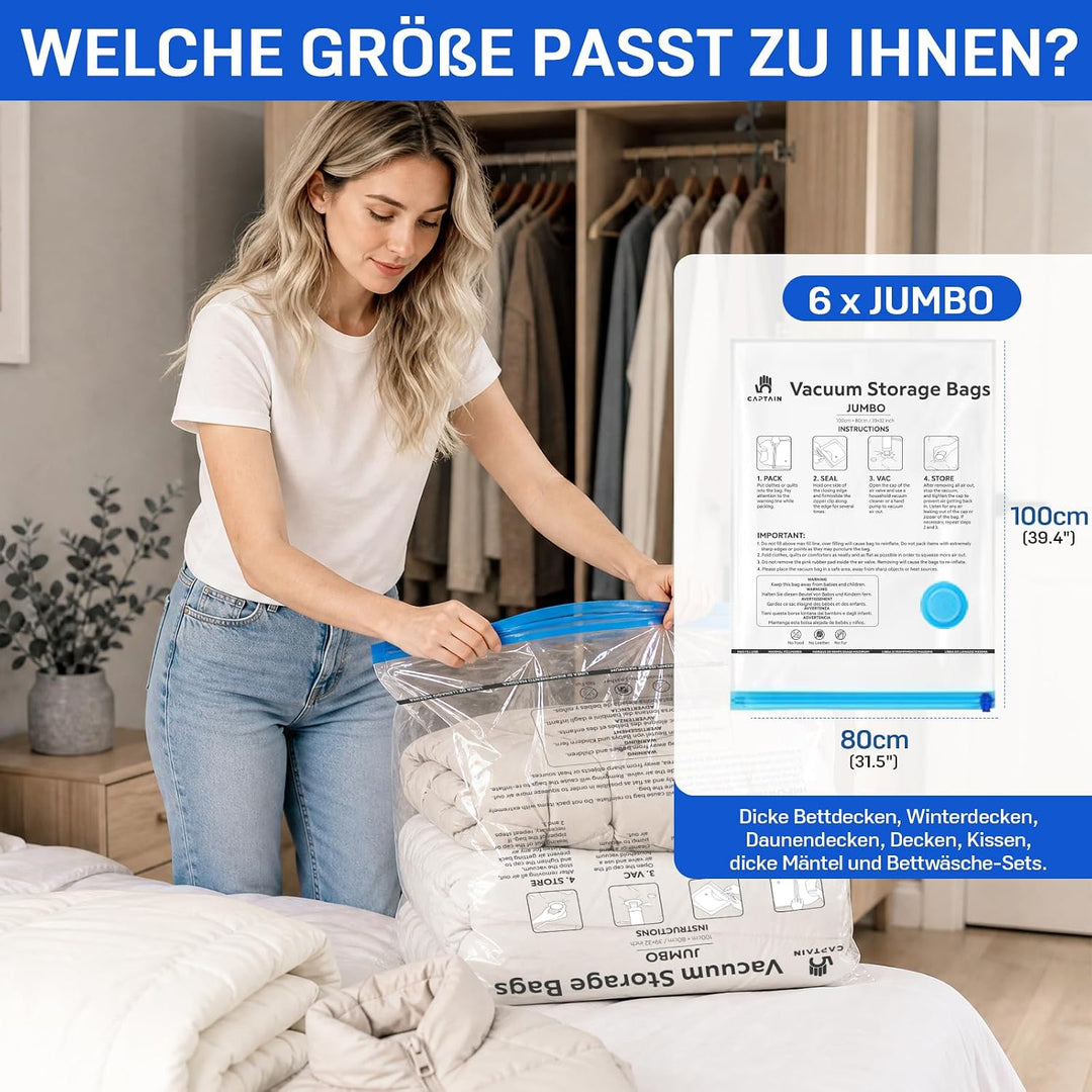 6 Stück Vakuumbeutel für Bettdecken 6 JUMBO (100 x 80cm), Vakuumierbeutel Kleidung, Vakuum Kleiderbe