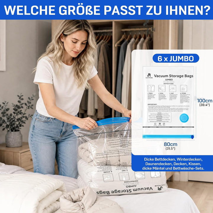 6 Stück Vakuumbeutel für Bettdecken 6 JUMBO (100 x 80cm), Vakuumierbeutel Kleidung, Vakuum Kleiderbe