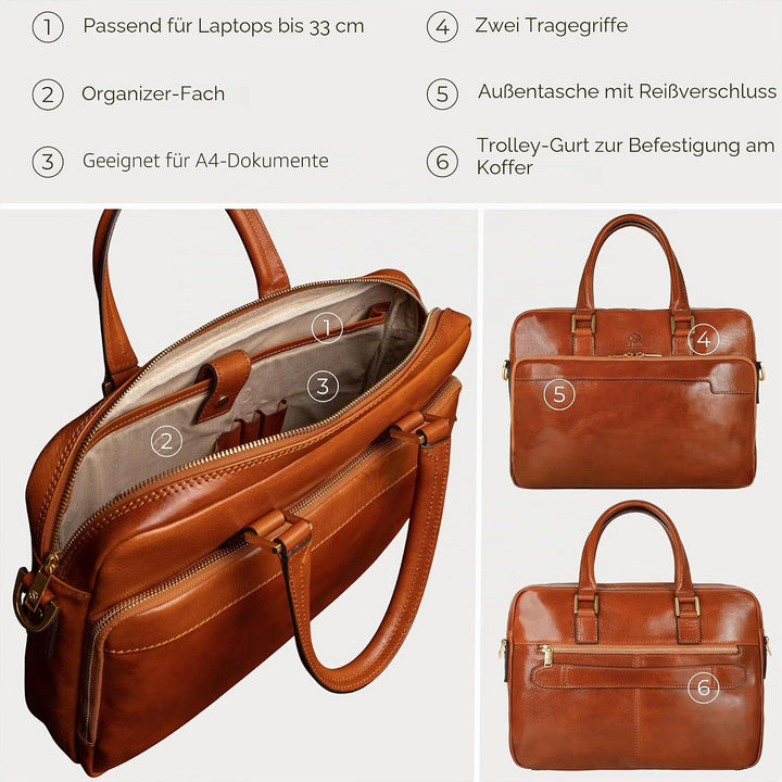 Time Resistance Aktentasche Leder Laptoptasche mit Schultergurt - Handgefertigt in Italien - Arbeits