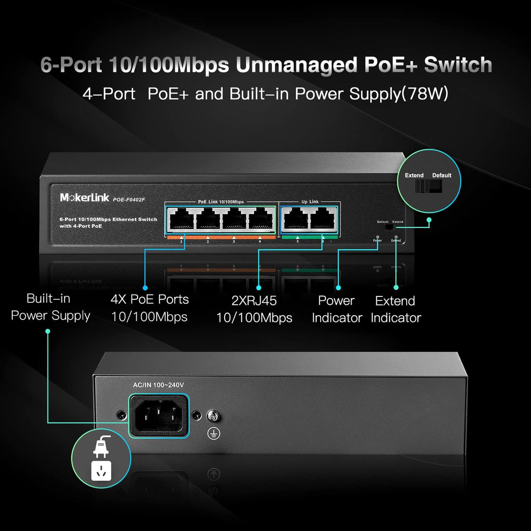 MokerLink 4 Port PoE Switch mit 2 Uplink Ethernet-Ports, 78W High Power, Unterstützung IEEE802.3af/a