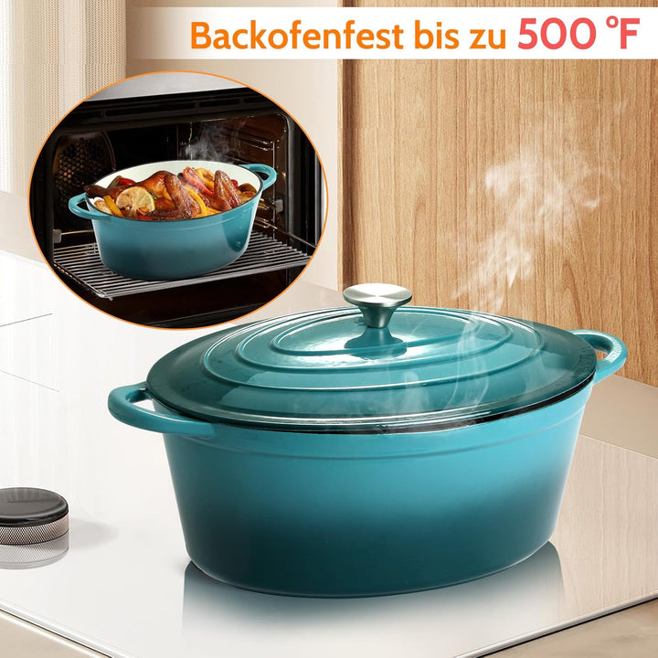 Gusseisen Bräter mit Deckel, Oval Gusseisen Topf 6.6L, Emaille Topf Gross Backofengeeignet, Schmorto