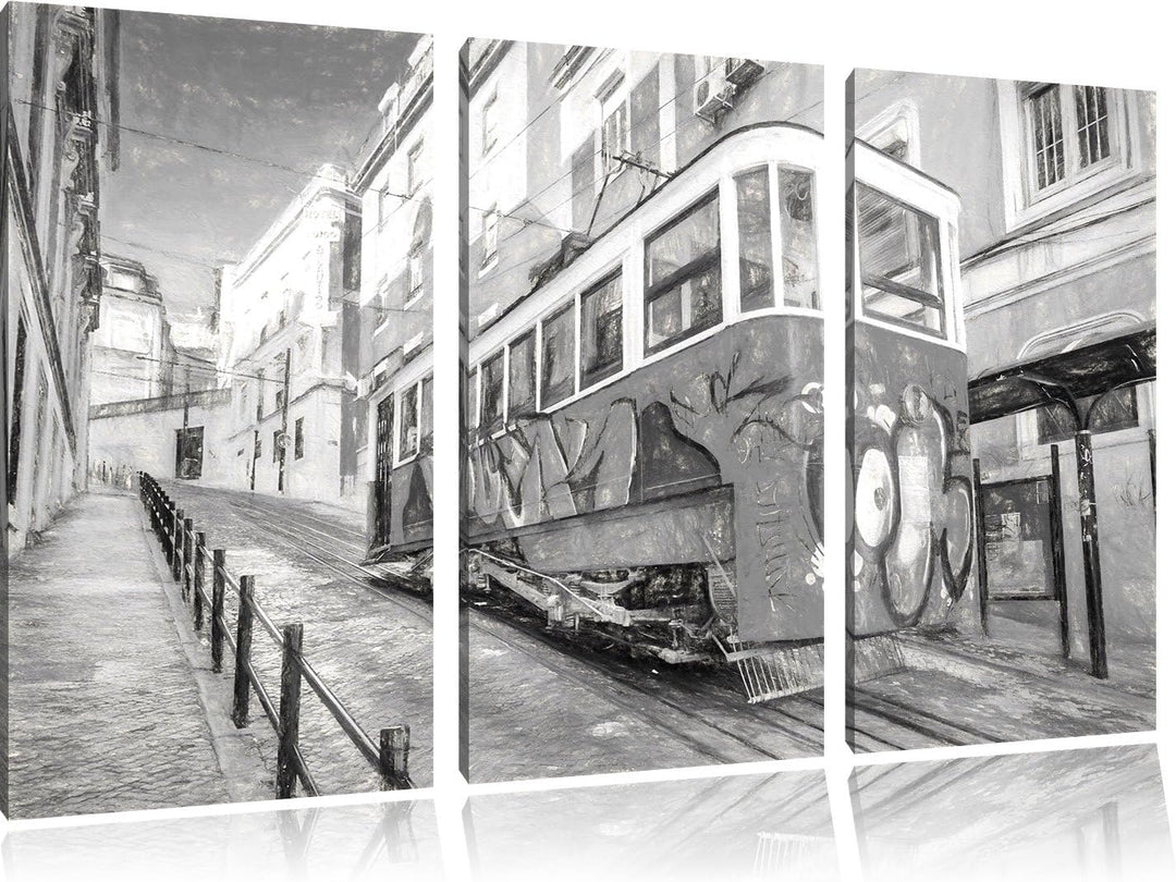 Pixxprint Strassenbahn in Portugal 3Teiler 120x80 cm Leinwandbild Wandbild Kunstdruck