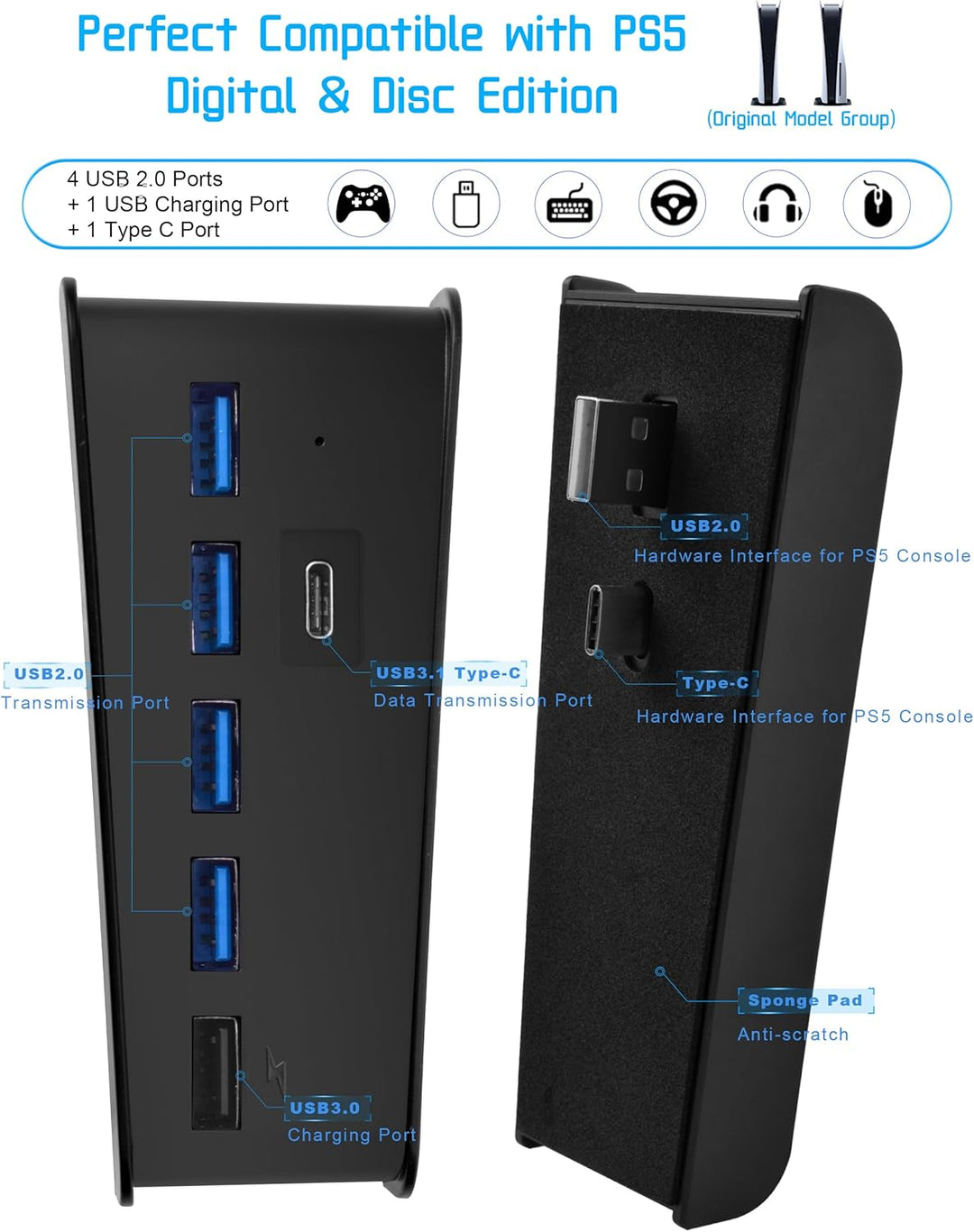 5-Port USB Hub für PS5 Konsole, Arvin USB 3.1 Schnelle Geschwindigkeit Laden Ladeadapter mit 4 USB-2
