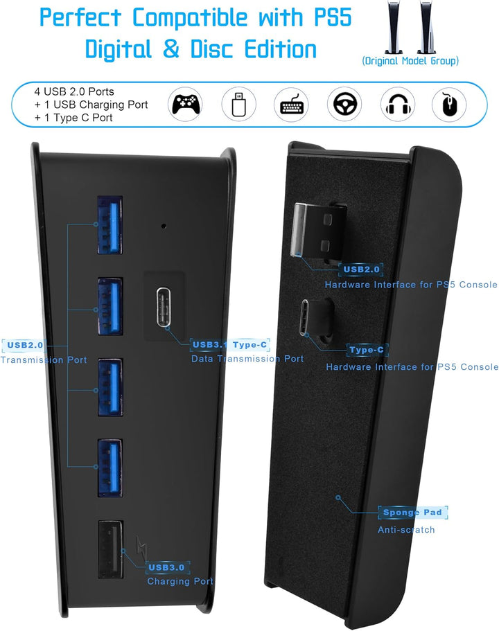5-Port USB Hub für PS5 Konsole, Arvin USB 3.1 Schnelle Geschwindigkeit Laden Ladeadapter mit 4 USB-2
