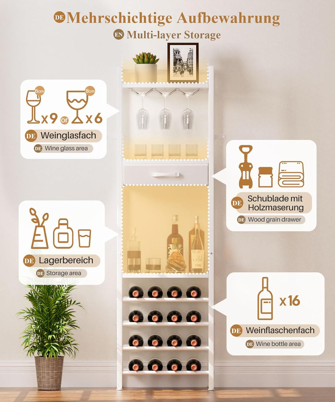 Yorbay Weinregal für 16 Flaschen, 4-Stöckiges Freistehendes Weinregal mit Glashaltere und Schublade,