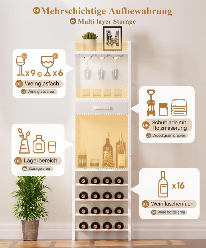 Yorbay Weinregal für 16 Flaschen, 4-Stöckiges Freistehendes Weinregal mit Glashaltere und Schublade,