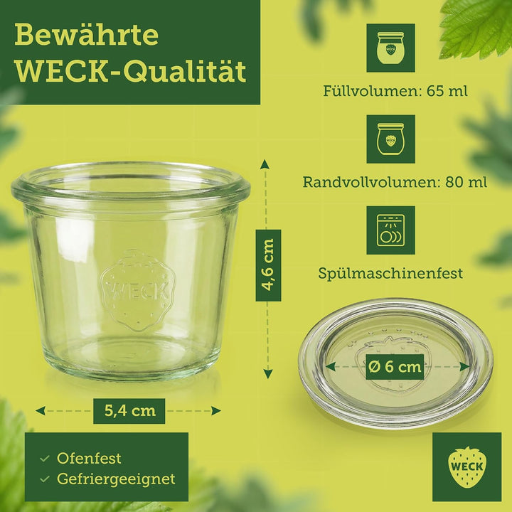 Weck Gläser 65ml – 12er Set mit Deckeln – Sturzform – robuste, stapelbare Dessertgläser, Einkoch- &