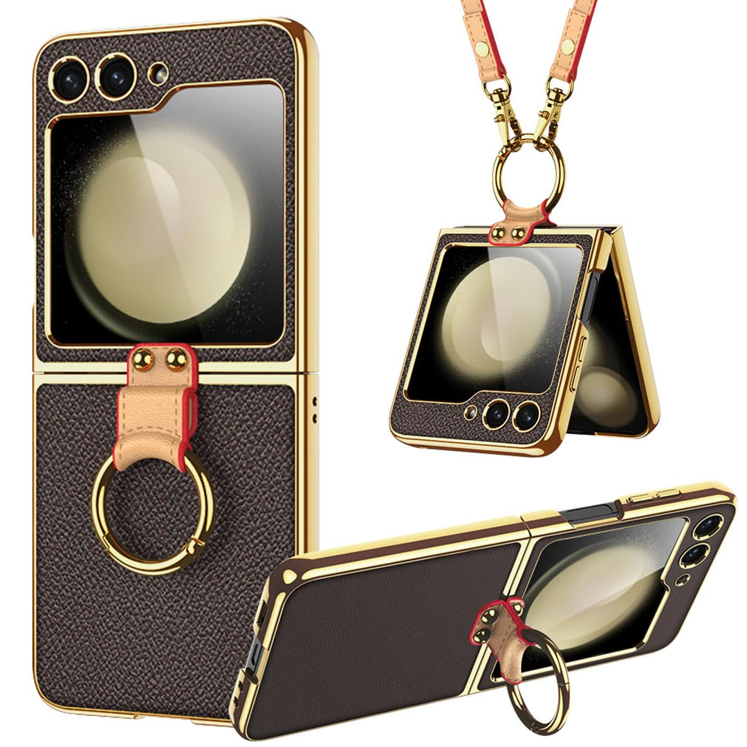 Miimall Lederhülle Kompatibel mit Samsung Galaxy Z Flip 6/Flip7 FE Hülle mit Band+Ring Ständer [HD D
