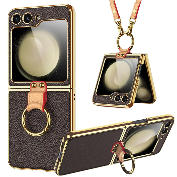 Miimall Lederhülle Kompatibel mit Samsung Galaxy Z Flip 6/Flip7 FE Hülle mit Band+Ring Ständer [HD D