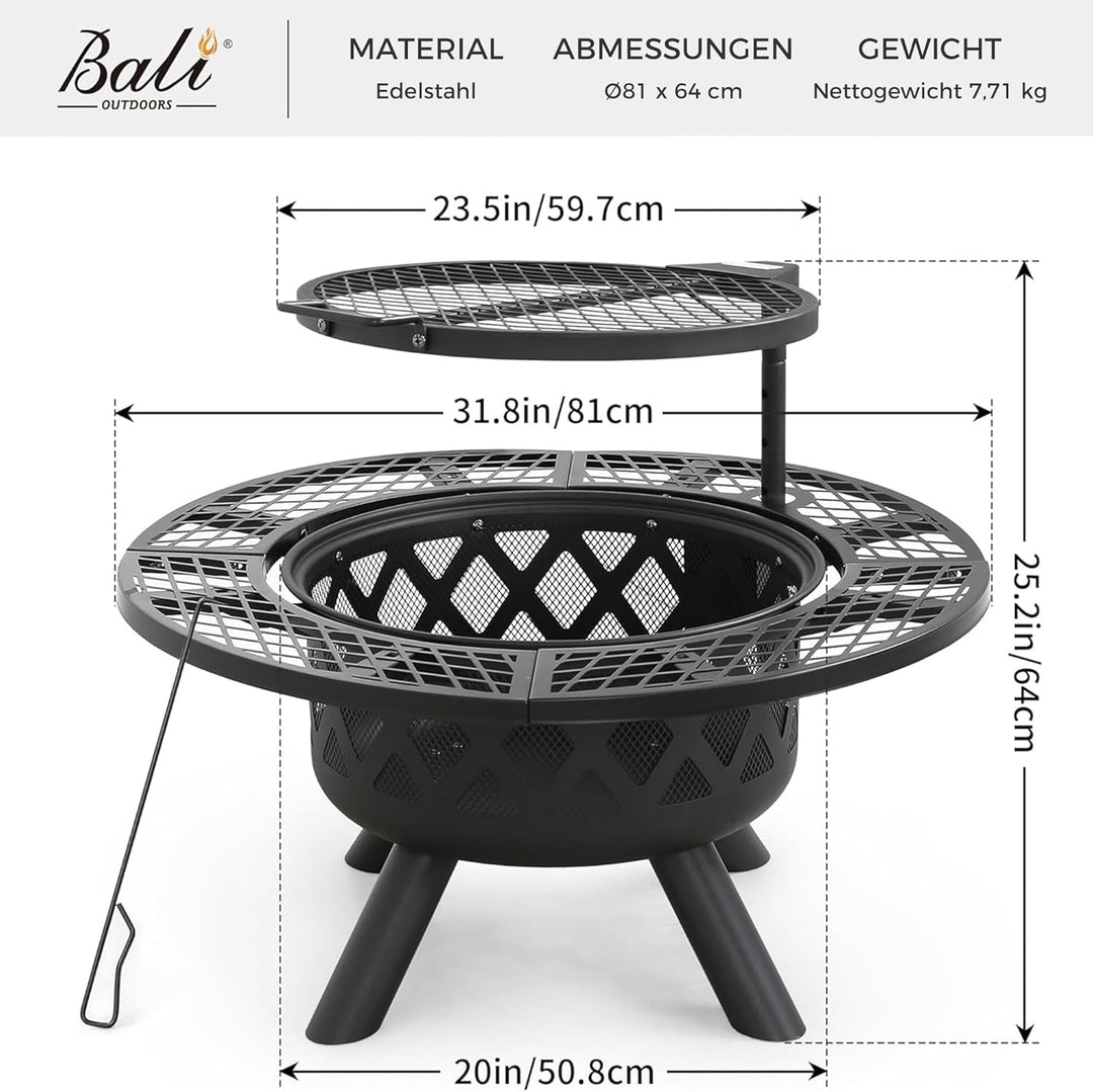 BALI OUTDOORS Feuerstellen für den Aussenbereich, Holzfeuerstelle mit Grillrost, Aussenkamin mit Gri