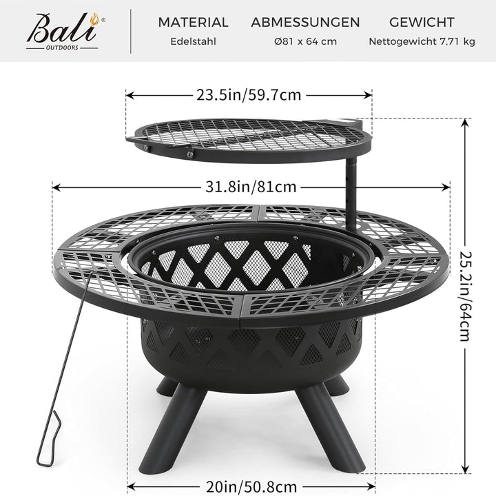BALI OUTDOORS Feuerstellen für den Aussenbereich, Holzfeuerstelle mit Grillrost, Aussenkamin mit Gri