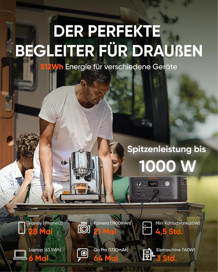 Jackery Explorer 500 V2 Tragbare Powerstation, 512Wh Solargenerator 230V/500W (Spitze 1000W) mit Sch