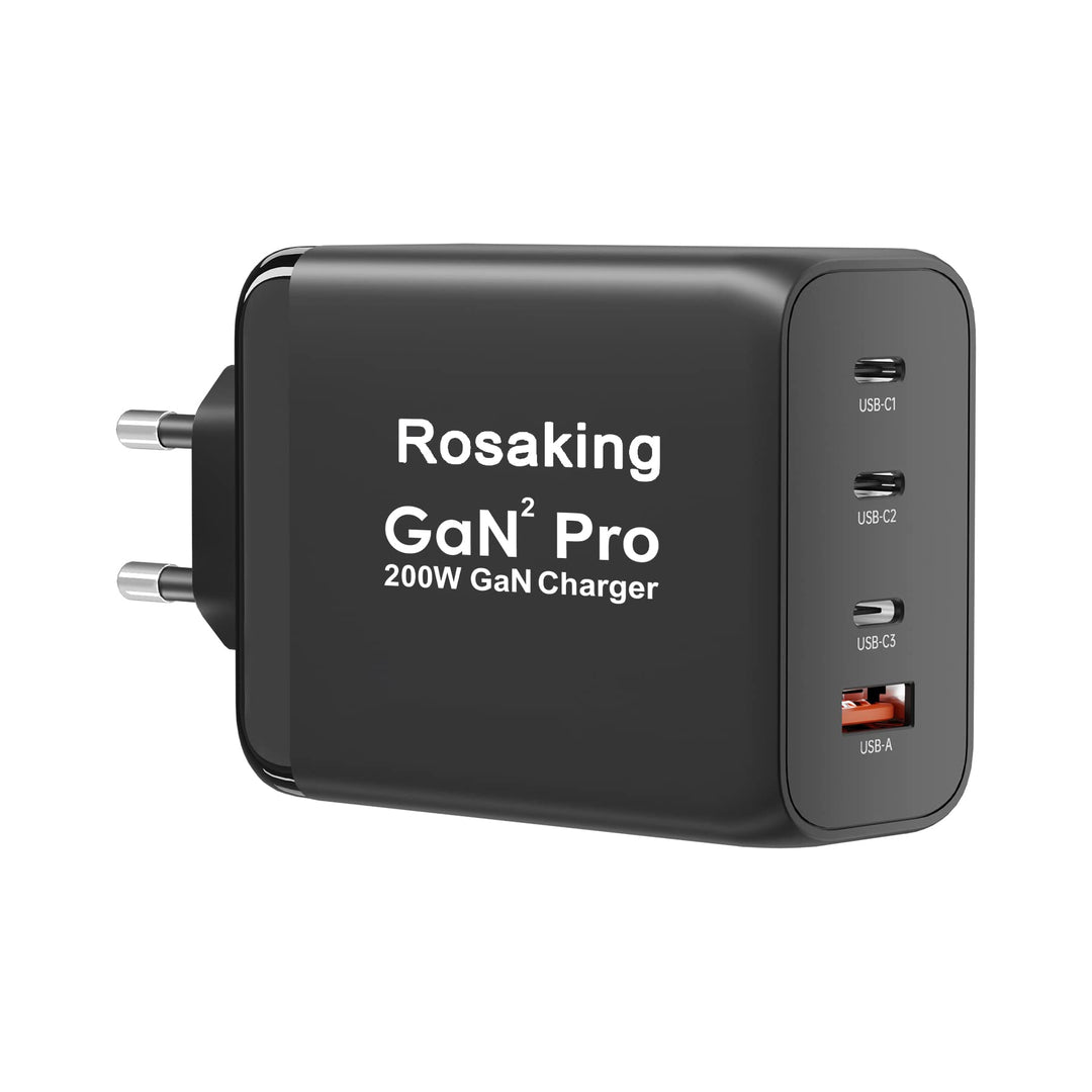 Rosaking USB C Ladegerät 200W, GaN III Tech Schnellladegerät, 4 Häfen USB C Schnellladegerät für Mac