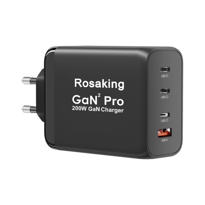 Rosaking USB C Ladegerät 200W, GaN III Tech Schnellladegerät, 4 Häfen USB C Schnellladegerät für Mac