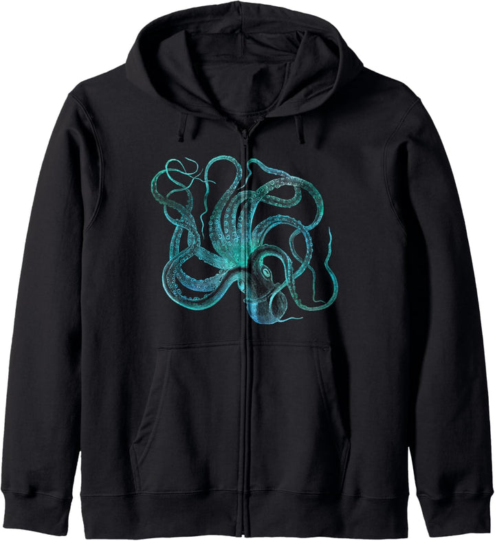 Octopus Squid Blue Vintage Illustration Distressed Steampunk Kapuzenjacke
