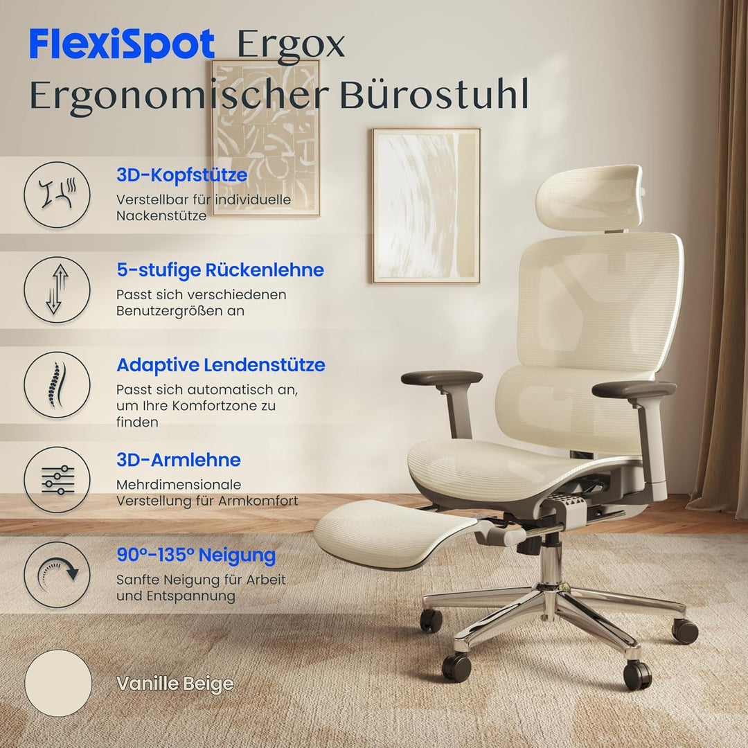FLEXISPOT ErgoX Ergonomischer Bürostuhl mit Fussstütze Schreibtischstuhl, 3D-Armlehnen, 3D-Kopfstütz