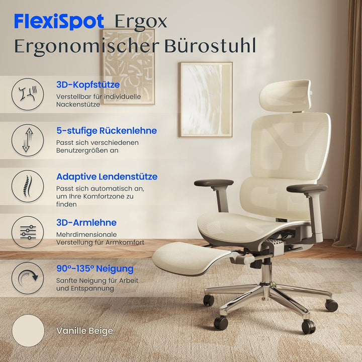 FLEXISPOT ErgoX Ergonomischer Bürostuhl mit Fussstütze Schreibtischstuhl, 3D-Armlehnen, 3D-Kopfstütz