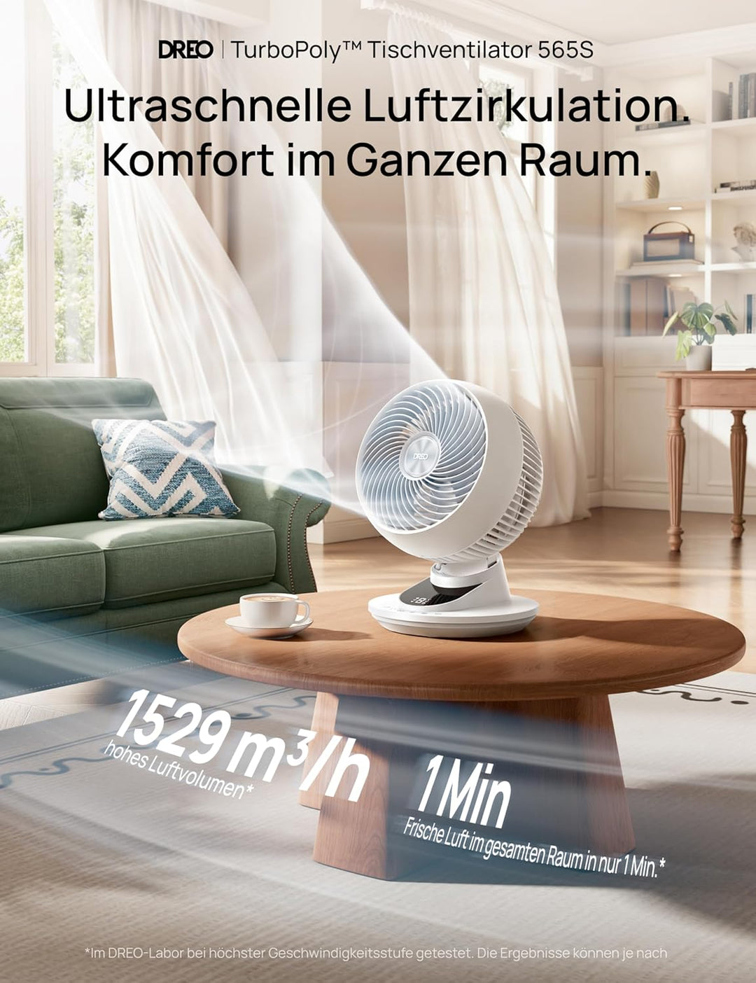 DREO 3D-Luftstrom Tischventilator – Leistungsstark mit 8,8 m/s, 22 dB leise, 90° schwenkbar, Smart A