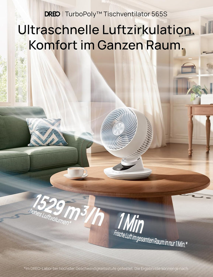 DREO 3D-Luftstrom Tischventilator – Leistungsstark mit 8,8 m/s, 22 dB leise, 90° schwenkbar, Smart A