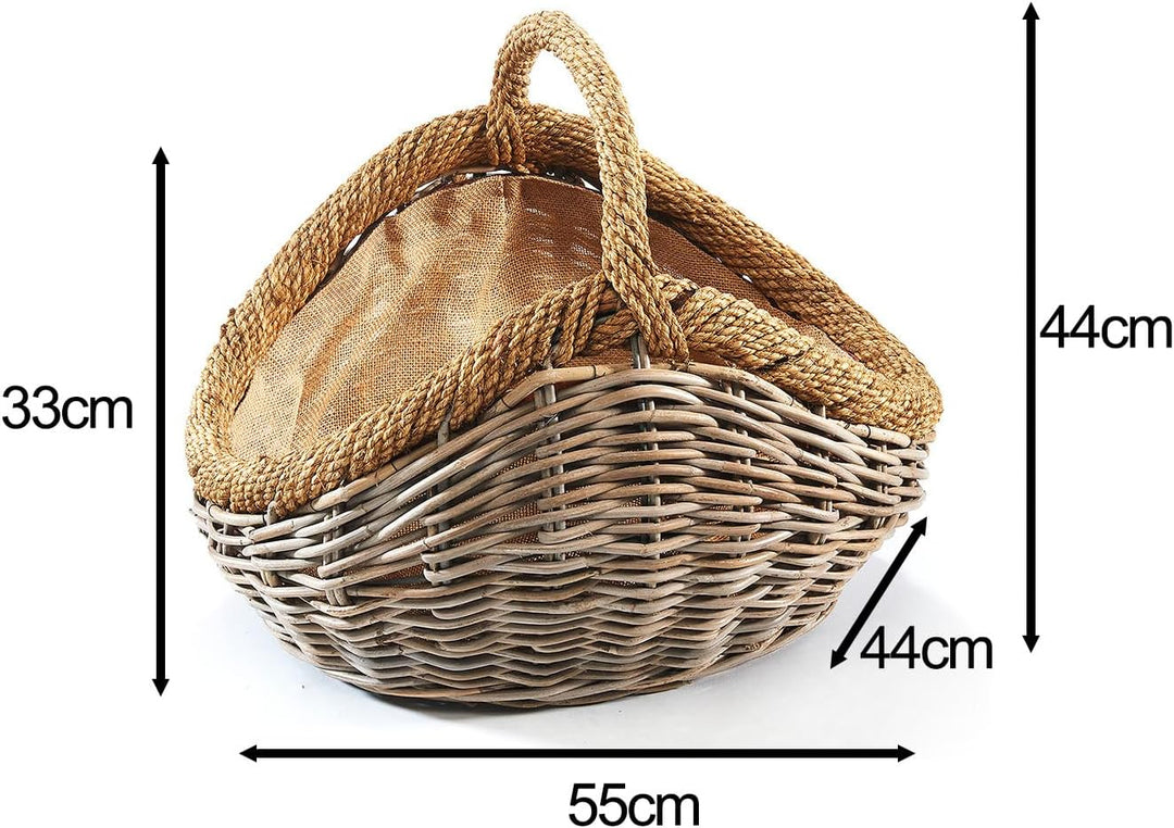 Kobolo Kaminholzkorb Holztrage Holzkorb für Kaminholz -Rattan- mit abnehmbarem Stoff aus Jute