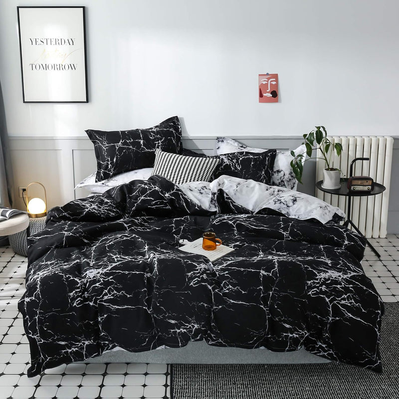OLDBIAO Damen Bettwäsche 155x220cm mit Kissenbezug 80x80cm, Schwarz Weiss Marmor Bettbezug Set 2 Tei