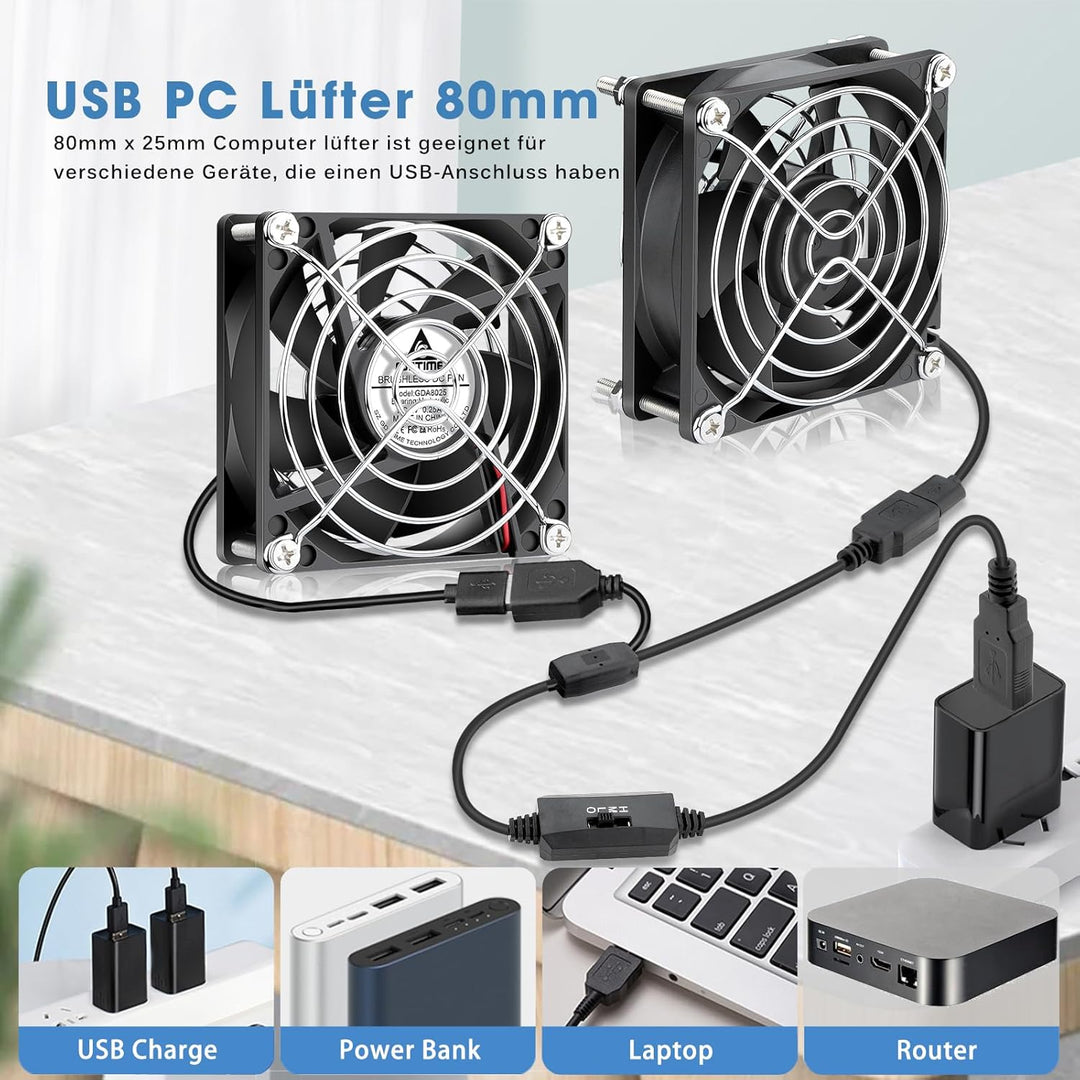 GDSTIME 80mm USB Lüfter 80 x 25mm Gehäuselüfter USB 80mm PC Ventilator 2500 U/min Bürstenloser Lüfte