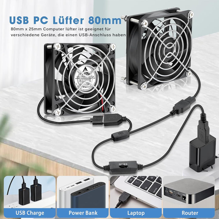 GDSTIME 80mm USB Lüfter 80 x 25mm Gehäuselüfter USB 80mm PC Ventilator 2500 U/min Bürstenloser Lüfte