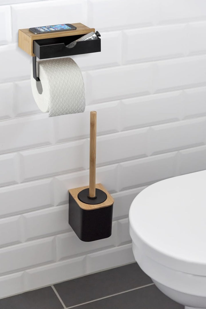 WENKO Toilettenpapierhalter Mod. Bambusa mit Ablage aus Bambus und Schublade, inkl. Befestigungsmate