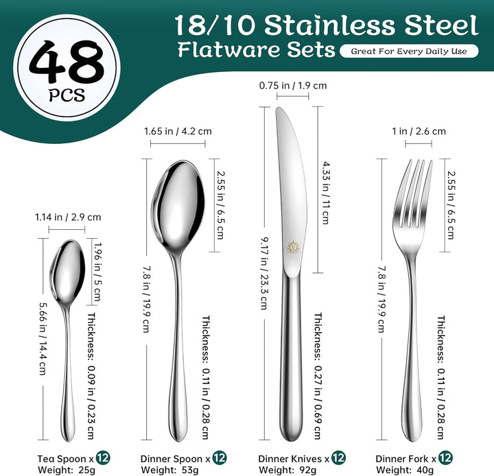vancasso Besteck Set 12 Personen, 48-Teilig Siber Besteckset mit Messer/Gabel/Löffel/Dessertlöffel,