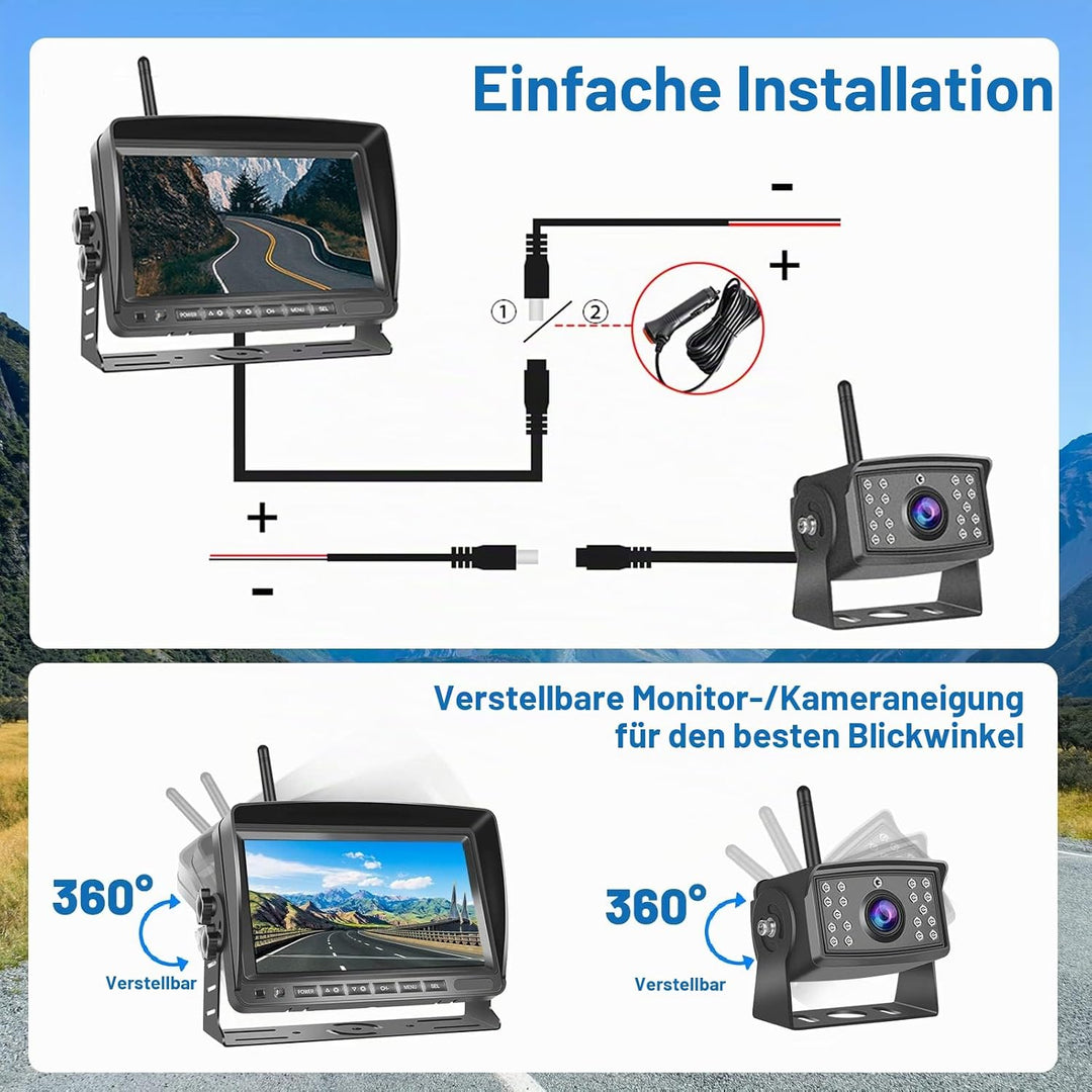 Hikity Kabellos Digital AHD Rückfahrkamera Set mit 7‘’ Split-Screen Monitor IPS Bildschirm &amp; IP66 wa