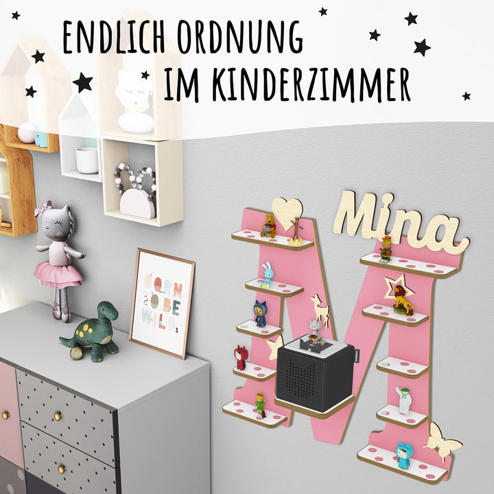 Regal Buchstabe für Toniebox, Wandregal für Tonie Figuren, personalisiert mit Name, Aufbewahrung für