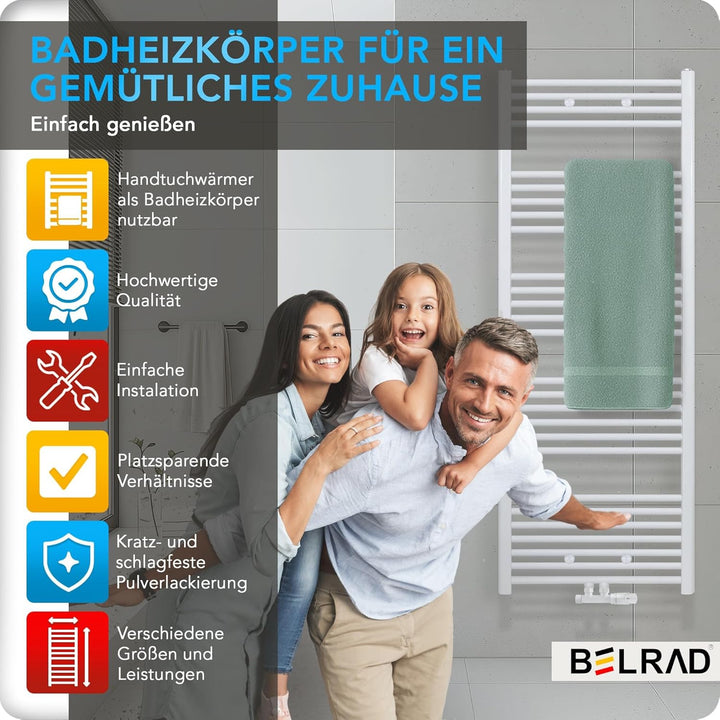 Belvit Badheizkörper, 1400x400 mm, 556 Watt, Mittelanschluss, Nabenabstand 50 mm, Qualitätsstahl, We