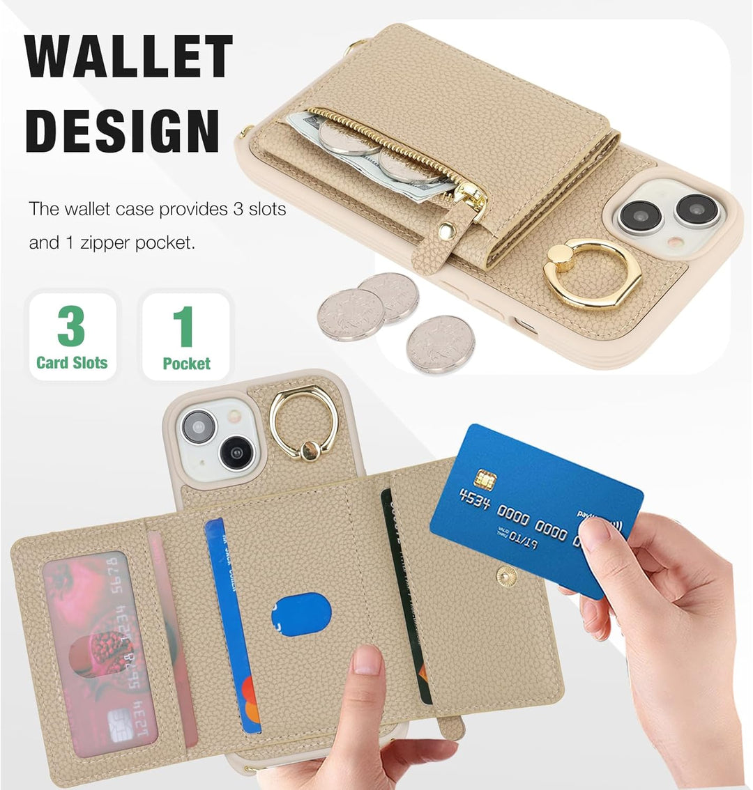 ELTEKER Handyhülle für iPhone 13 Hülle mit Band Kartenfach Ringhalterung Geldbörse,Leder Klapphülle