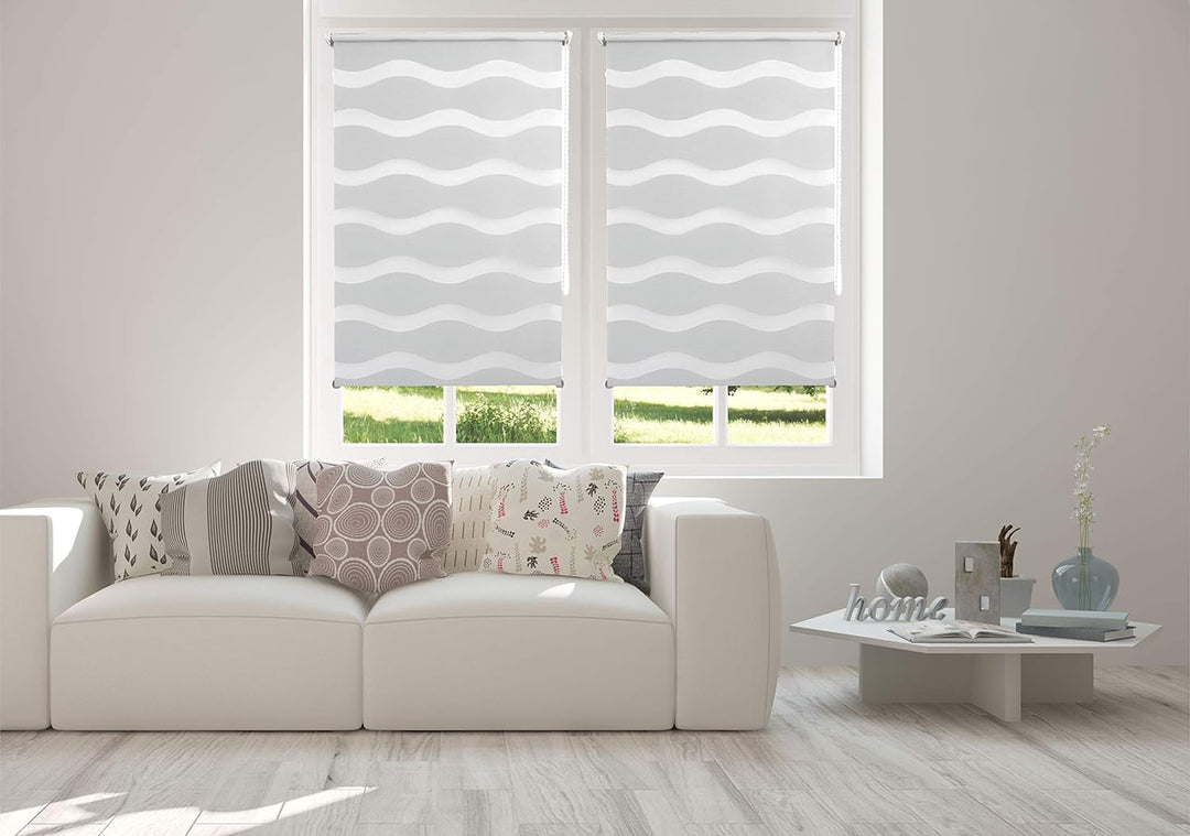 JalousieCrew Klemmfix Doppelrollo hell grau Wave - Breite 60 bis 120 cm, Länge 150 und 210 cm - Duo