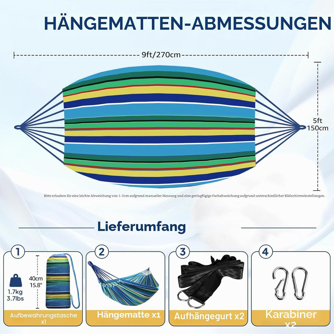 ANYOO Hängematte Outdoor Baumwolle Bequemer Stoff mit Baumfreundlichen Gurten zum Aufhängen, Robuste